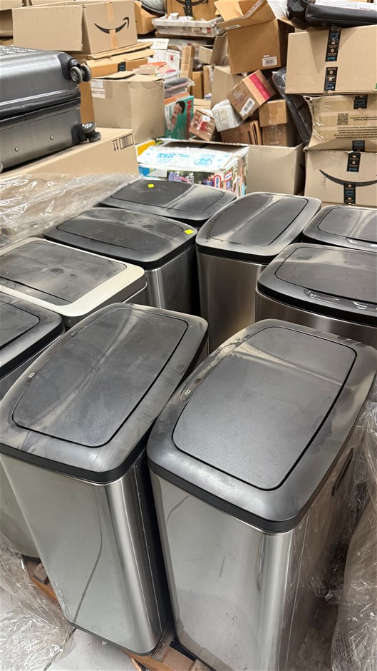 9 x Assorted Stainless Steel Automatic Bins. NB: Untested & dusty.