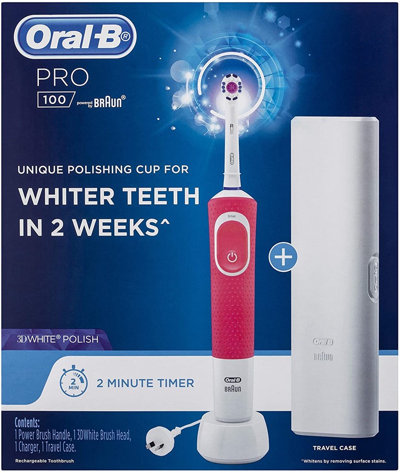 ORAL-B Pro 100 3D White Polish Electric Toothbrush, Pink. NB: Missing Brush