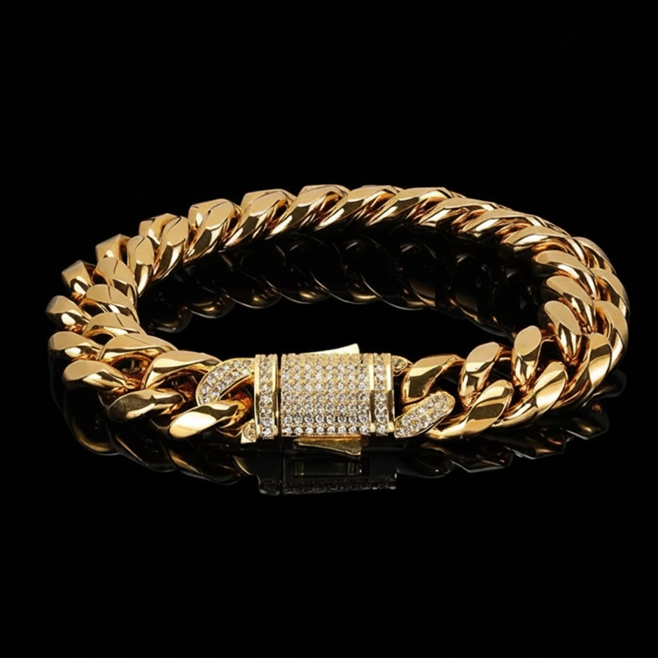 18K Gold-Filled Cuban Chain Bracelet with AAA+ Cubic Zirconia's-12MM-17.8cm