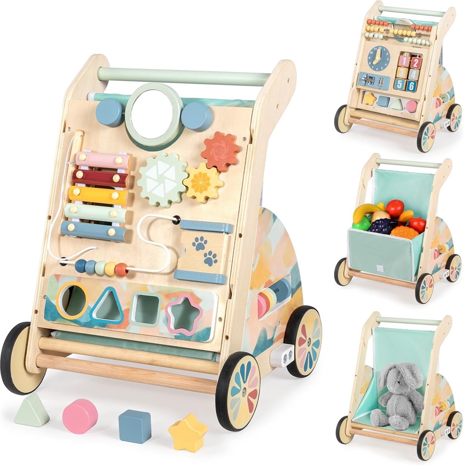 Lol-Fun Wooden Baby Walker with Double-Sided Busy Board Adjustable Speed Wh