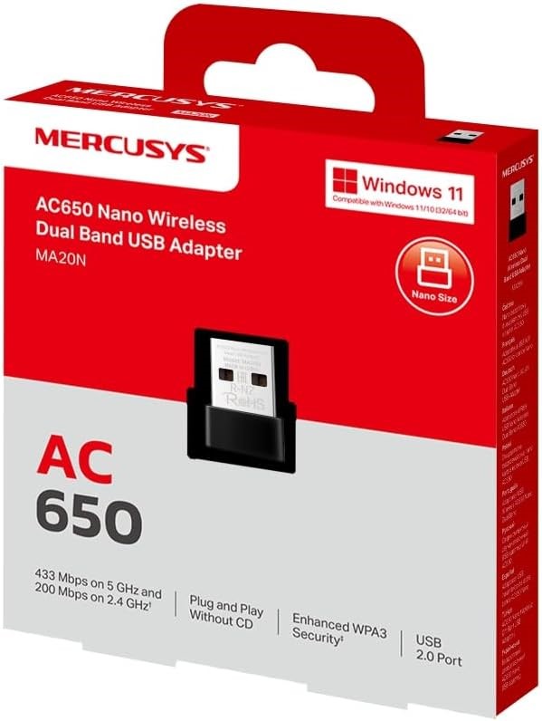 Mercusys MA20N USB AC650 Dual Band Adapter, WPA3, Windows, Bluetooth