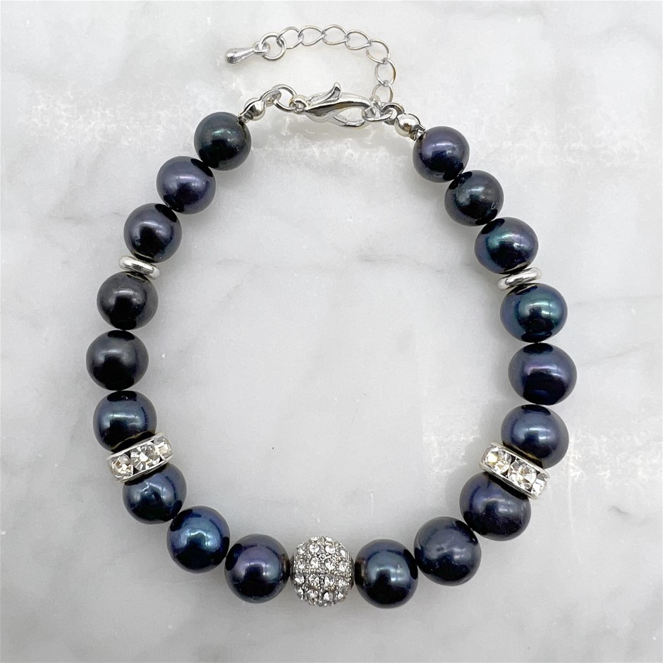 7-8mm Black Pearl with Rhinestones & CZ Rhodium Plated Bracelet