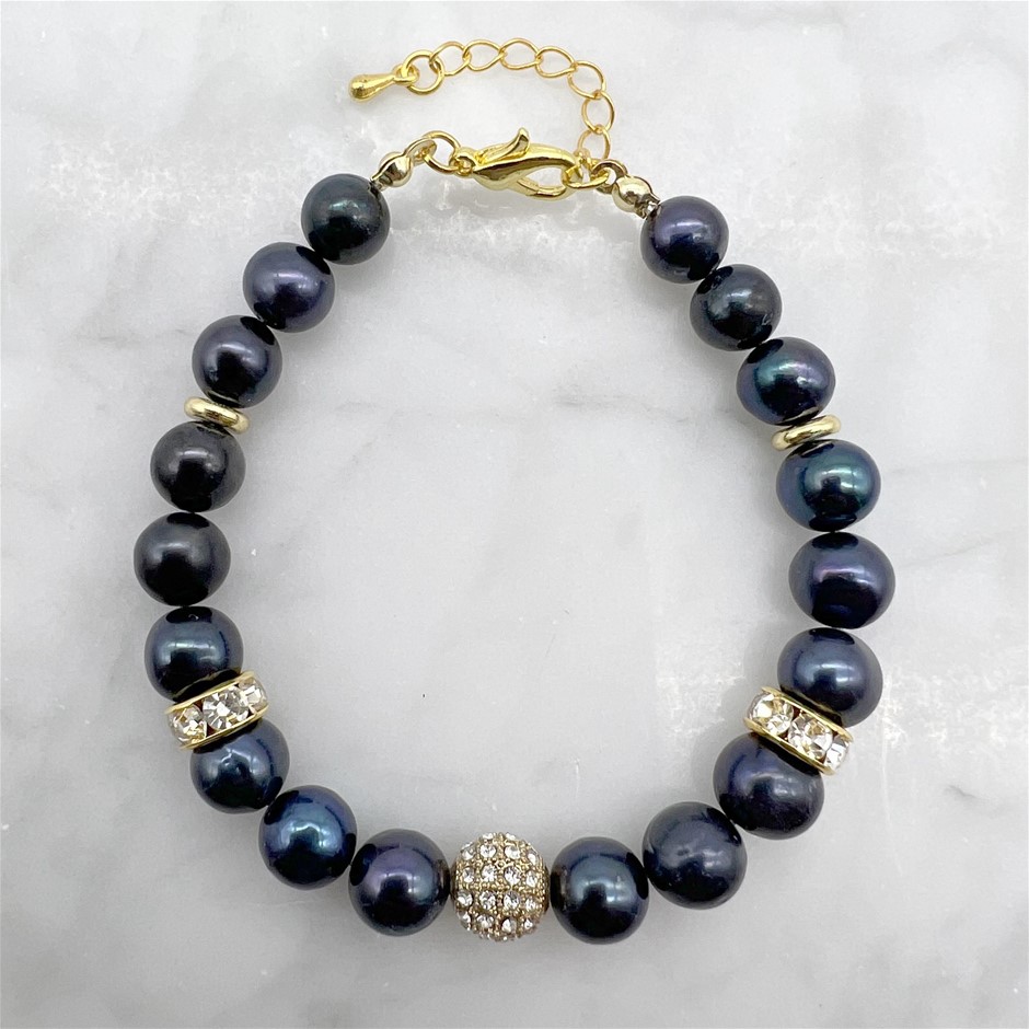 7-8mm Black Pearl with Rhinestones & CZ Gold Plated Bracelet