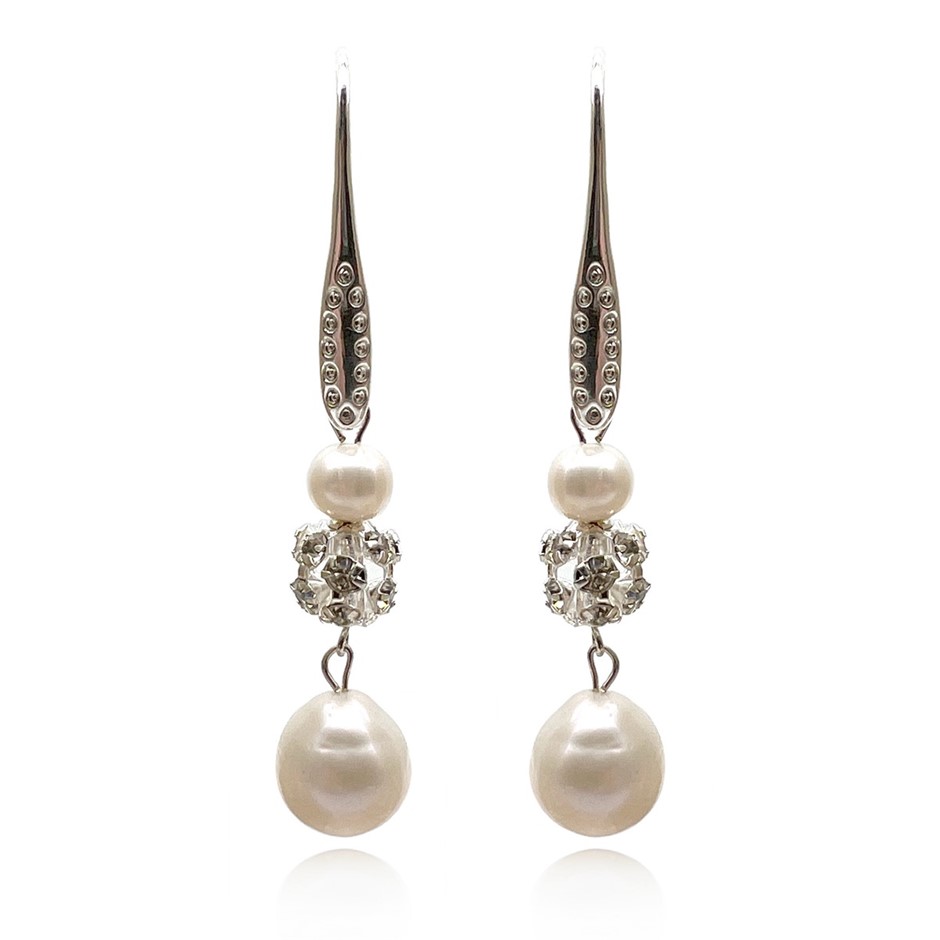 10 x 12mm Baroque Pearl & Rhinestone Silver Plated Drop Earrings