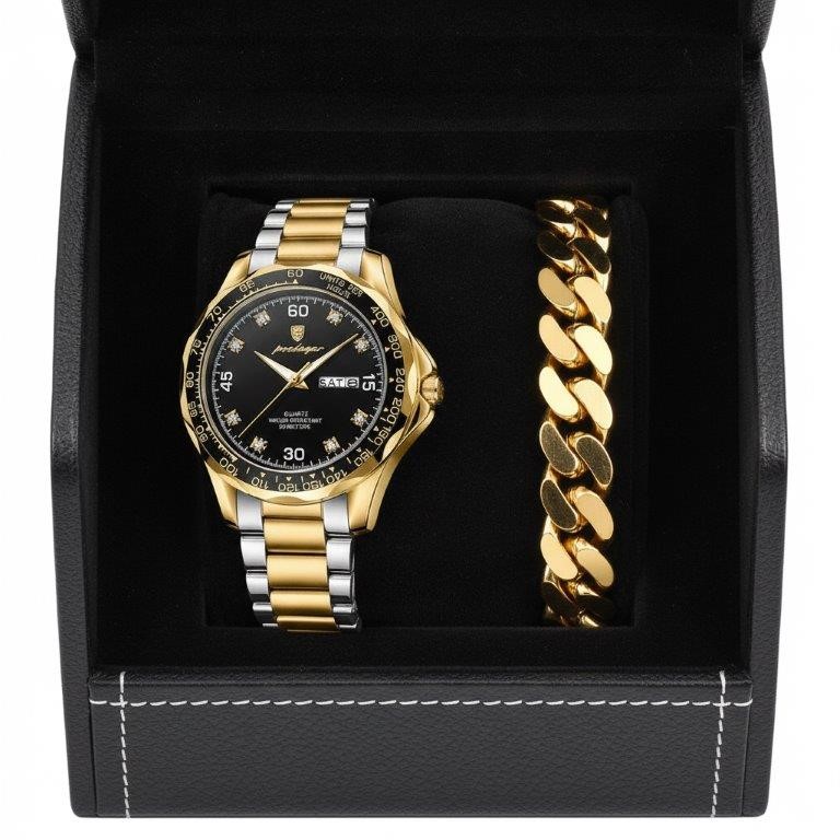 Luxury Poedagar Watch & Cuban Link Bracelet Set with Premium Executive Gift
