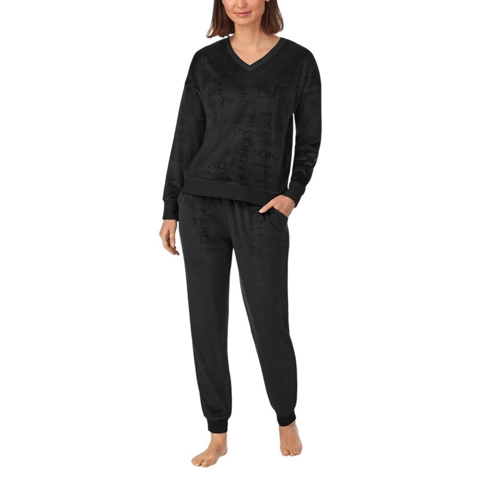 DKNY Women's 2pc Stretch Velour Lounge Set, Size S, Black (V-Neck). Buyers