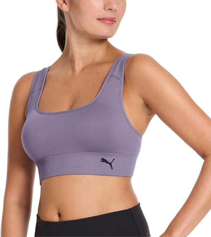 2-Pack PUMA Square Neck Seamless Sports Bras, Size L, Pale Plum/Grey. NB: D