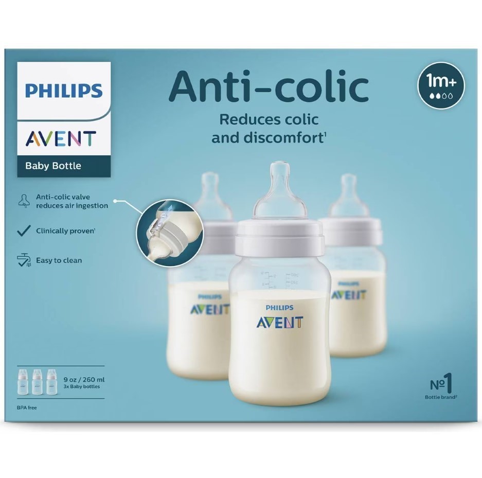 PHILIPS AVENT Anti-Colic Baby Bottles, 260ml, 3 Pack, SCY103/03.