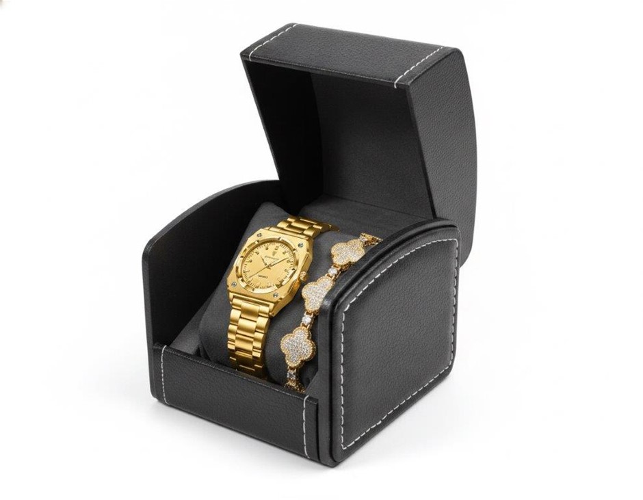 Luxury Gold Tone Watch & Simulated Diamond Bracelet Set with Executive Box