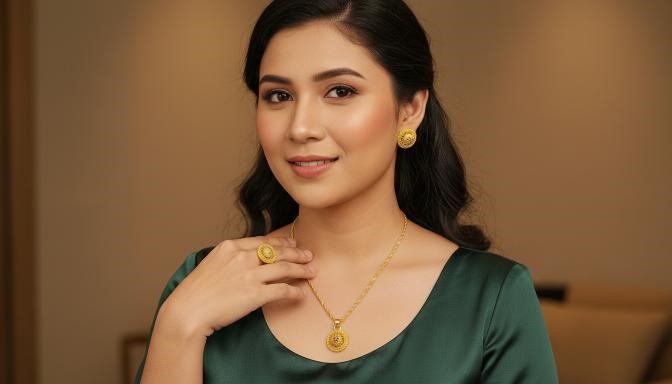 Set 24k Triple Yellow Gold plated Earrings & Ring & Pendant & Chain (24k)