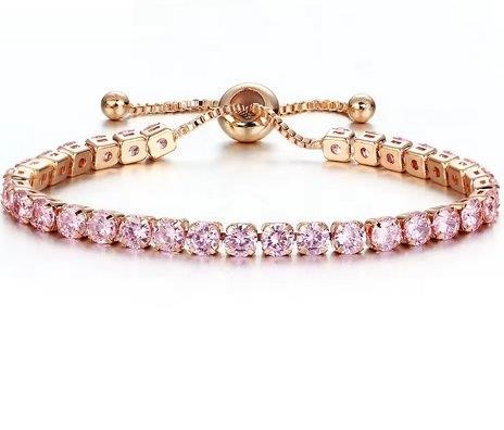925 Sterling Silver Tennis Bracelet Pink Simulated Diamonds-Adjustable