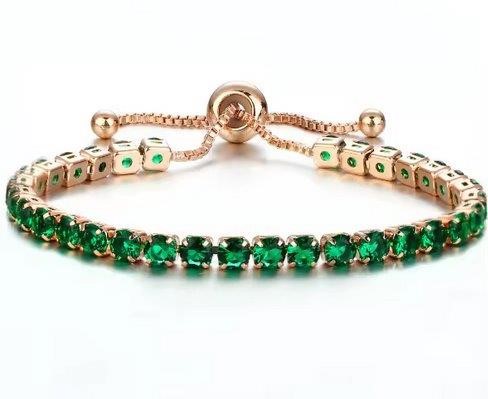925 Sterling Silver Tennis Bracelet Green Simulated Diamonds-Adjustable