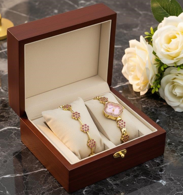 2Piece Jewellery Set. Watch, Bracelet Pink Stones(Gift Box Included)