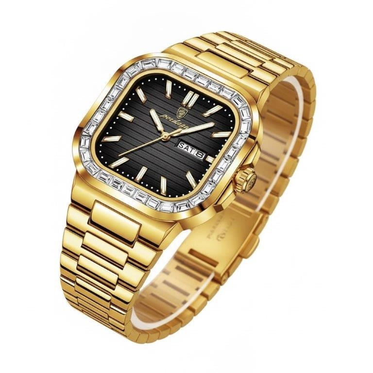 POEDAGAR Men's Gold-Tone Watch, Simulated Diamond Bezel & Premium Gift Box