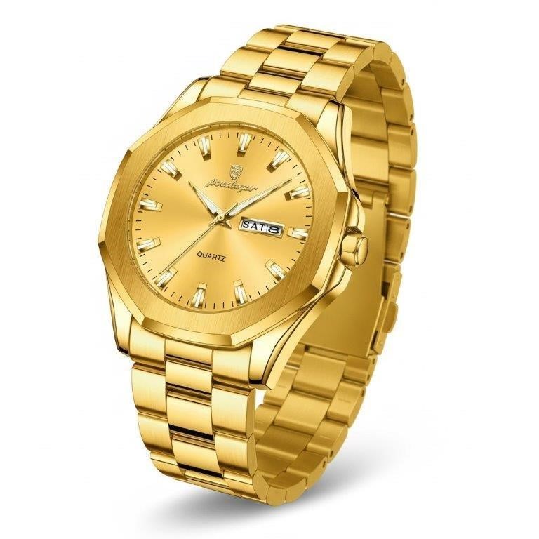 POEDAGAR Men's Gold-Tone Day Date Stainless Steel Watch with Gift Box