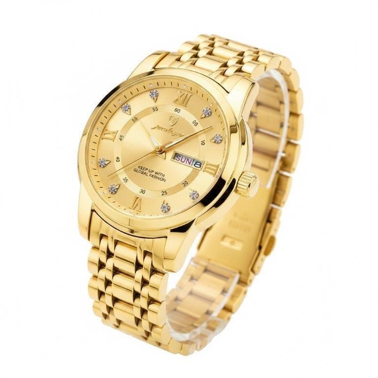 POEDAGAR Men's Blue Dial Two-Tone Day Date Quartz Watch. Presentation