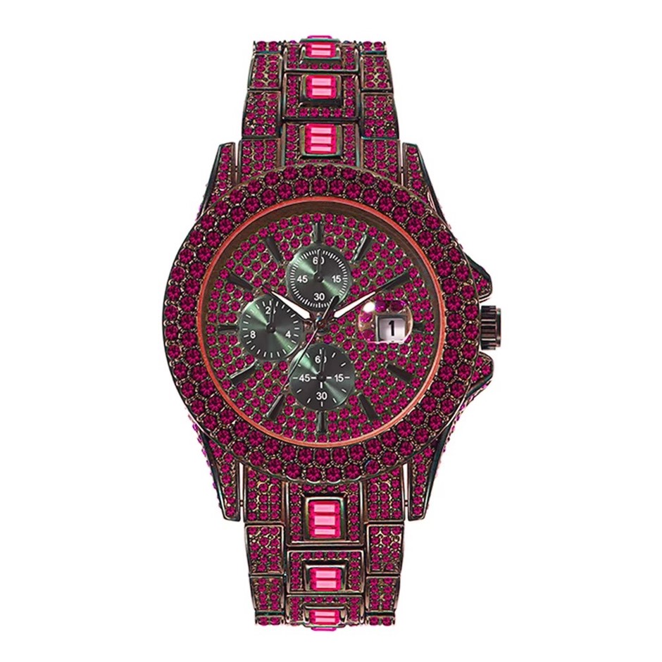 Luxury Red/Black Full Diamond Quartz Iced Out Wrist Watch