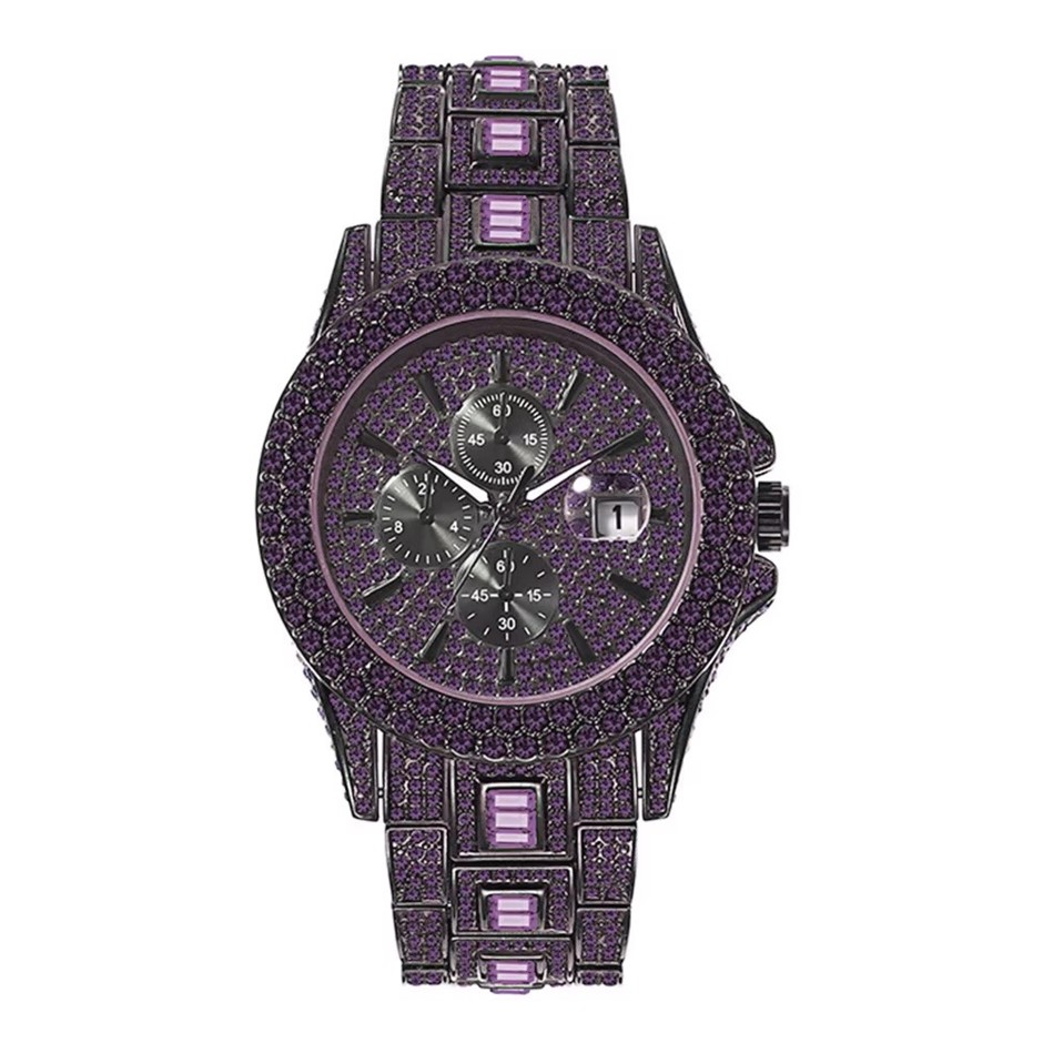 Luxury Purple/Black Full Diamond Quartz Iced Out Wrist Watch