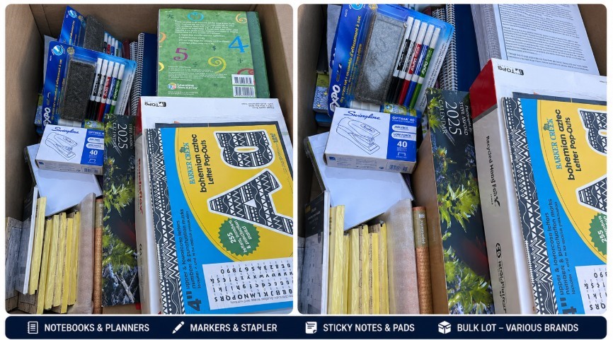BOX OF ASSORTED STATIONERY & SCHOOL SUPPLIES: Notebooks, Whiteboard Markers