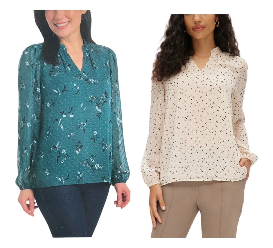 2 x HILARY RADLEY Women's Blouses, Size L, Deep Teal Combo & Ivory Cream Co