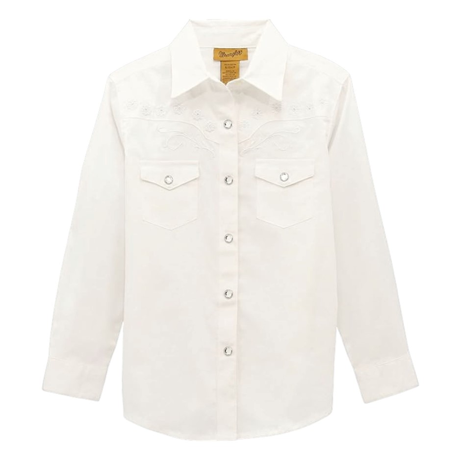 WRANGLER Girls' L/S Two Flap Pocket Snap Front Shirt, Size S, White, 10GW70