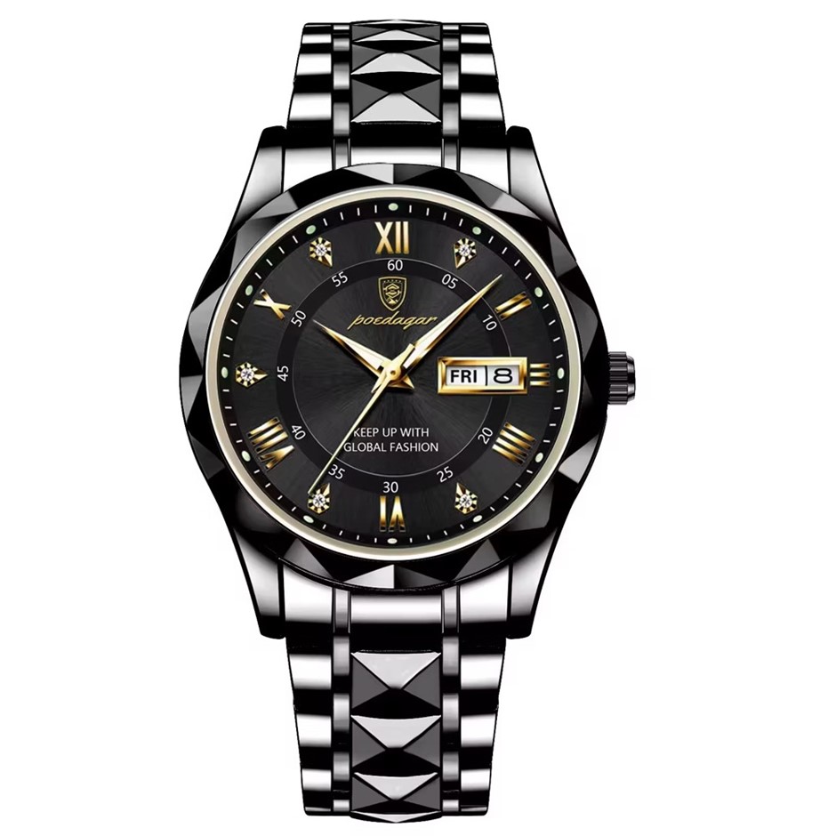 Luxury Men's Quartz Watch Date Week with Stainless Steel Strap, Black
