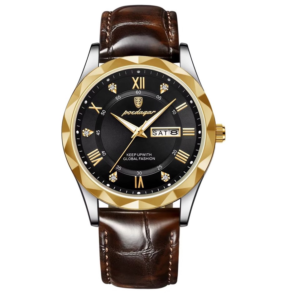 Luxury Men's Quartz Watch Date Week with Leather Strap, Gold/Black