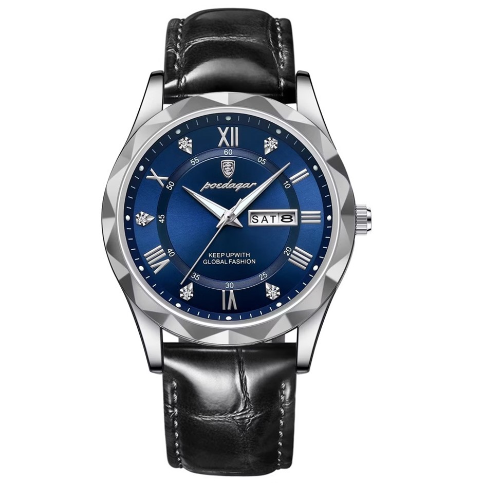Luxury Men's Quartz Watch Date Week with Leather Strap, Silver/Blue