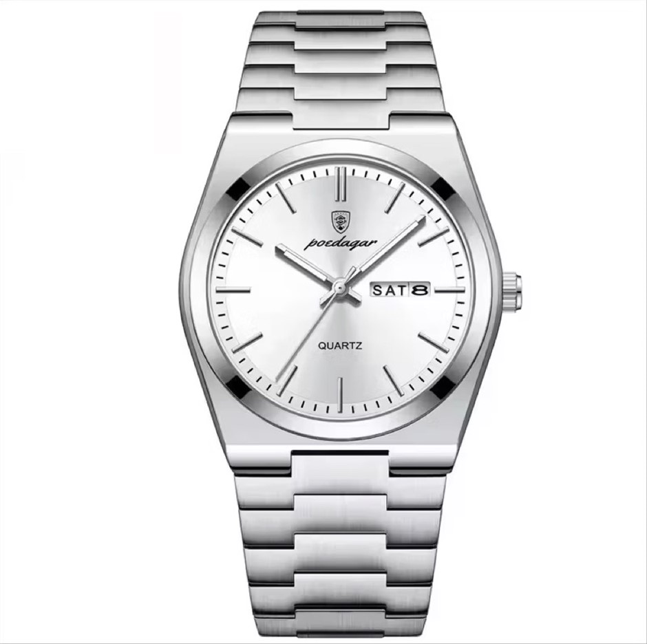 Luxury Quartz Watch Men, Calendar with Stainless Steel Strap, Silver