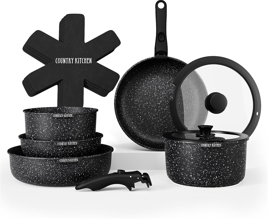 COUNTRY KITCHEN 13 Piece Pots and Pans Set - Safe Nonstick Cookware Set Det