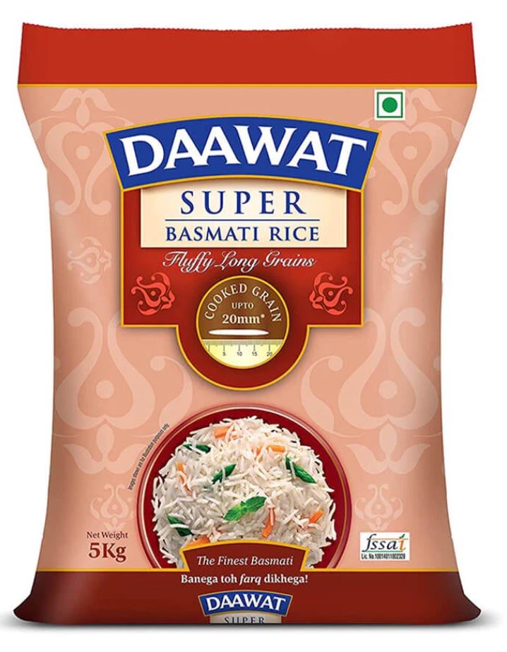 4 x DAAWAT Super Basmati Rice, Fluffy Long Grains, 5kg. N.B: Damaged packag