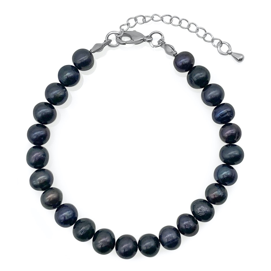 Black 7-8mm Potato Shape Pearl with Real Platinum Plated Bracelet