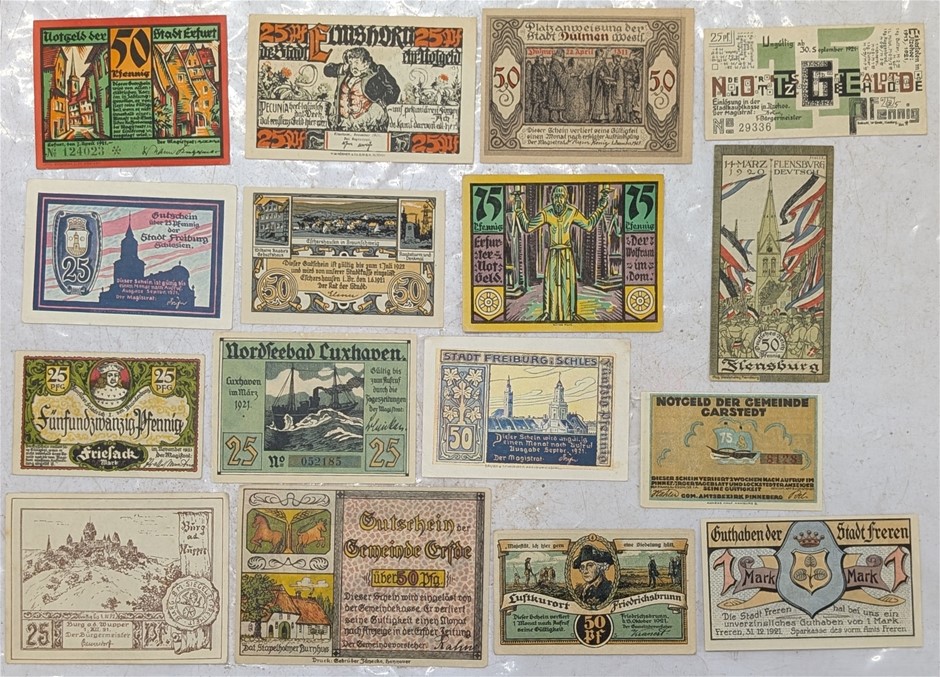 Collection Of Early 1920S Germany Notgeld Emergency Money Banknotes