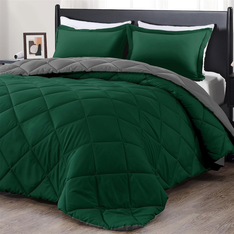 DOWNLUXE Twin Comforter Set, Dark Green and Grey Twin Comforter - 1 Comfort