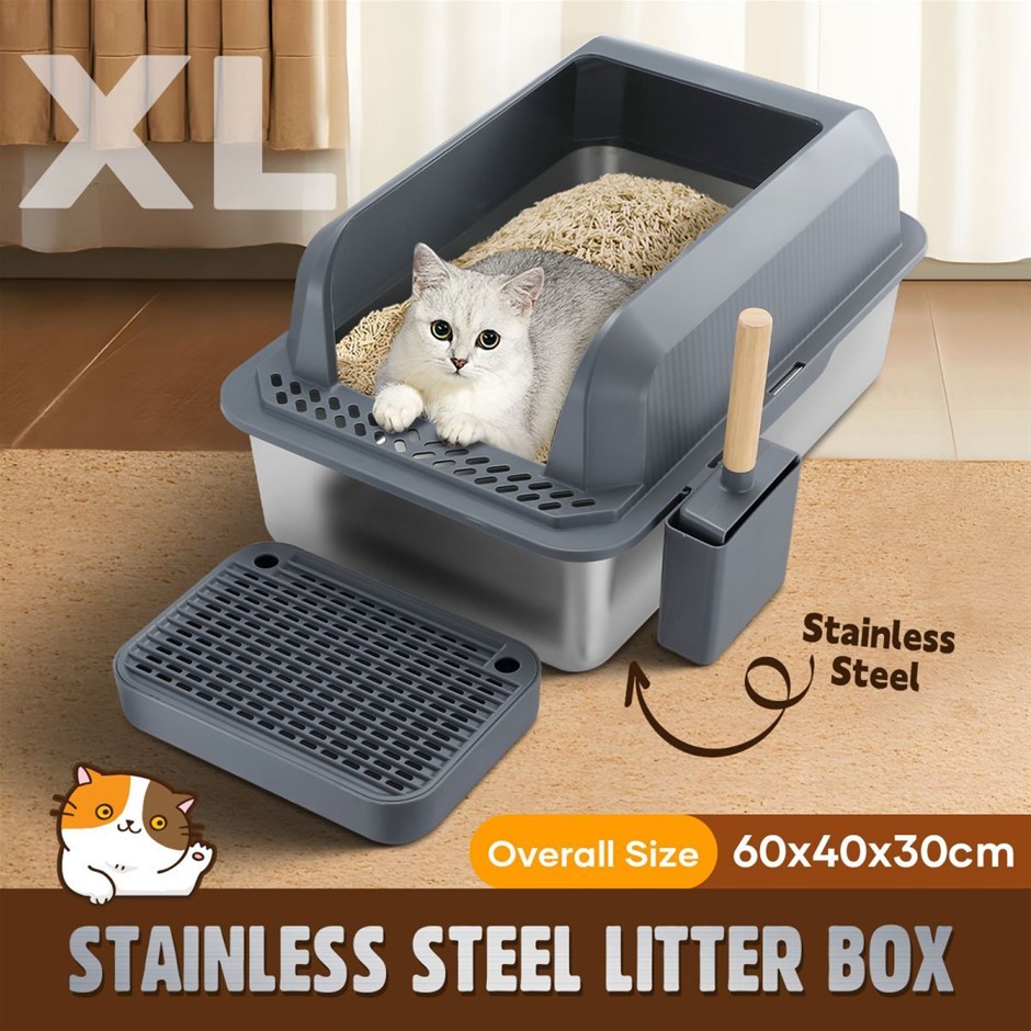 XL Stainless Steel Cat Litter Box High Sided 20L with Scoop Filter Pedal