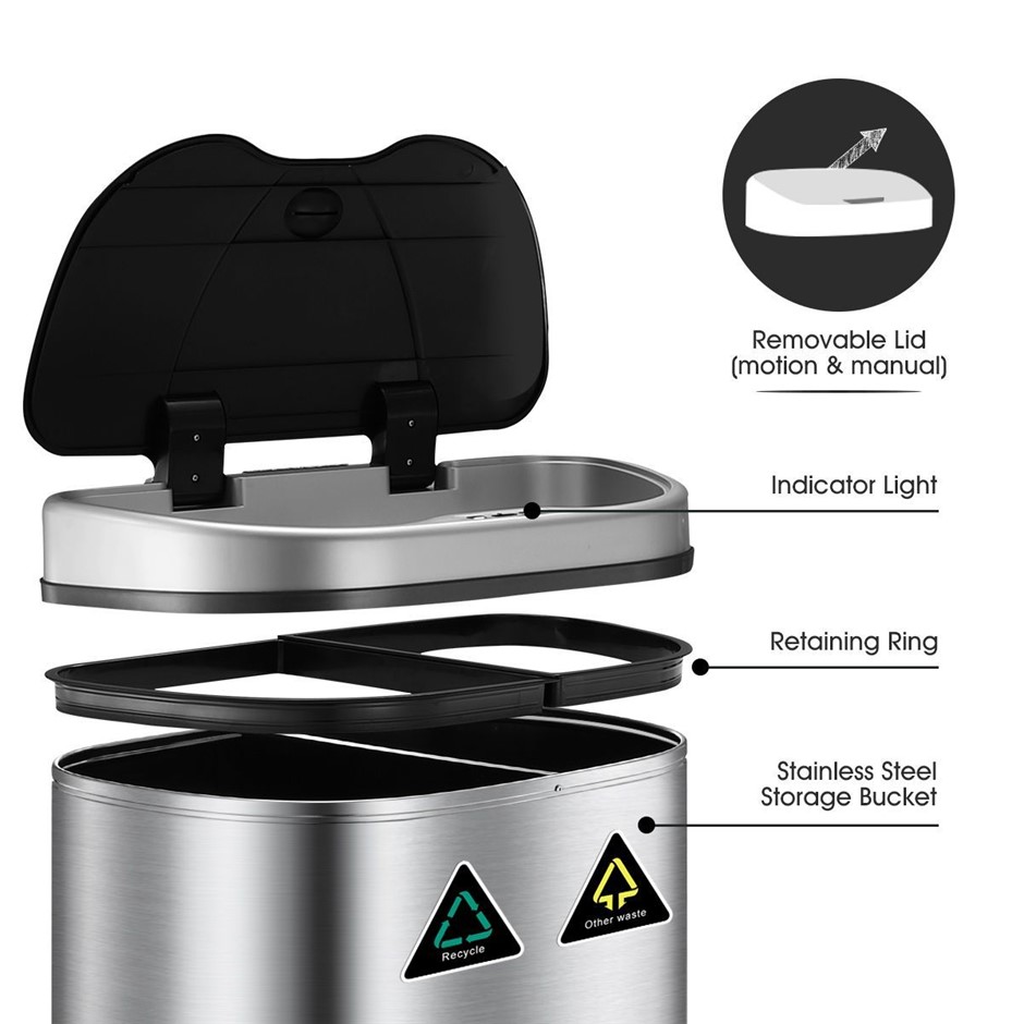 70L Dual Motion Sensor Recycling Bin Automatic Kitchen Rubbish Can