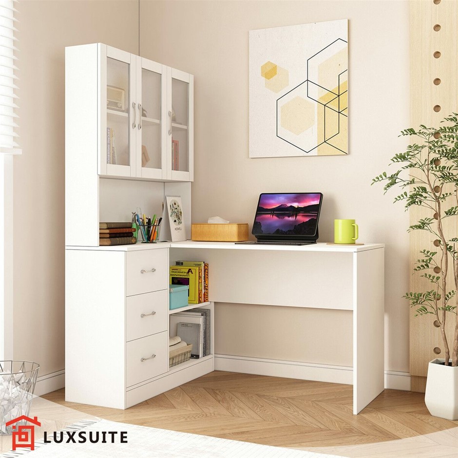 3-in-1 Computer Desk with Bookcase Drawers White Home Office Study
