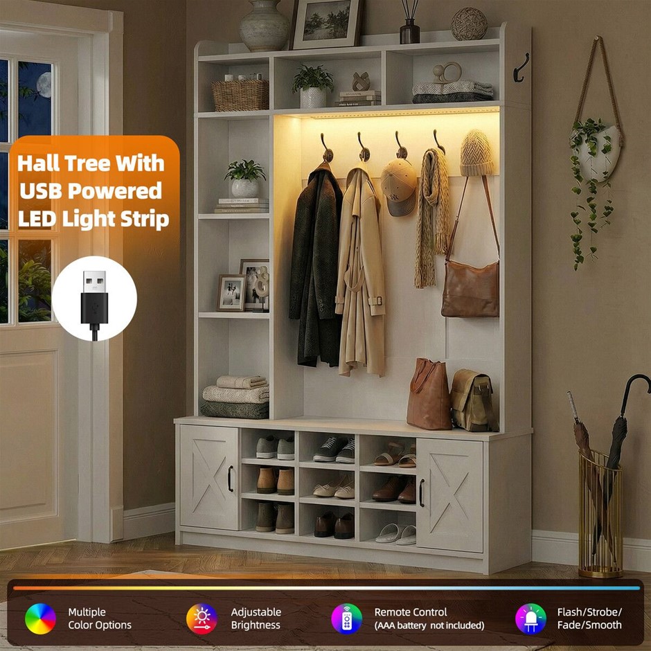 Hall Tree Coat Rack Shoe Cabinet with Storage Bench LED Lights 120x40x191cm