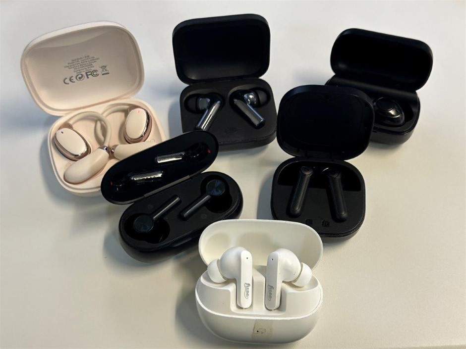6 x Asstd. Brands model earbuds with charging cases