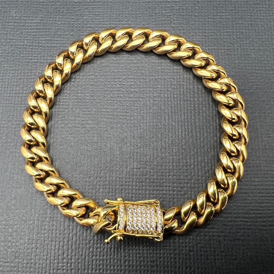 18K Gold-Filled Cuban Bracelet with AAA+ Cubic Zirconia Clasp, 8MM -  19cm