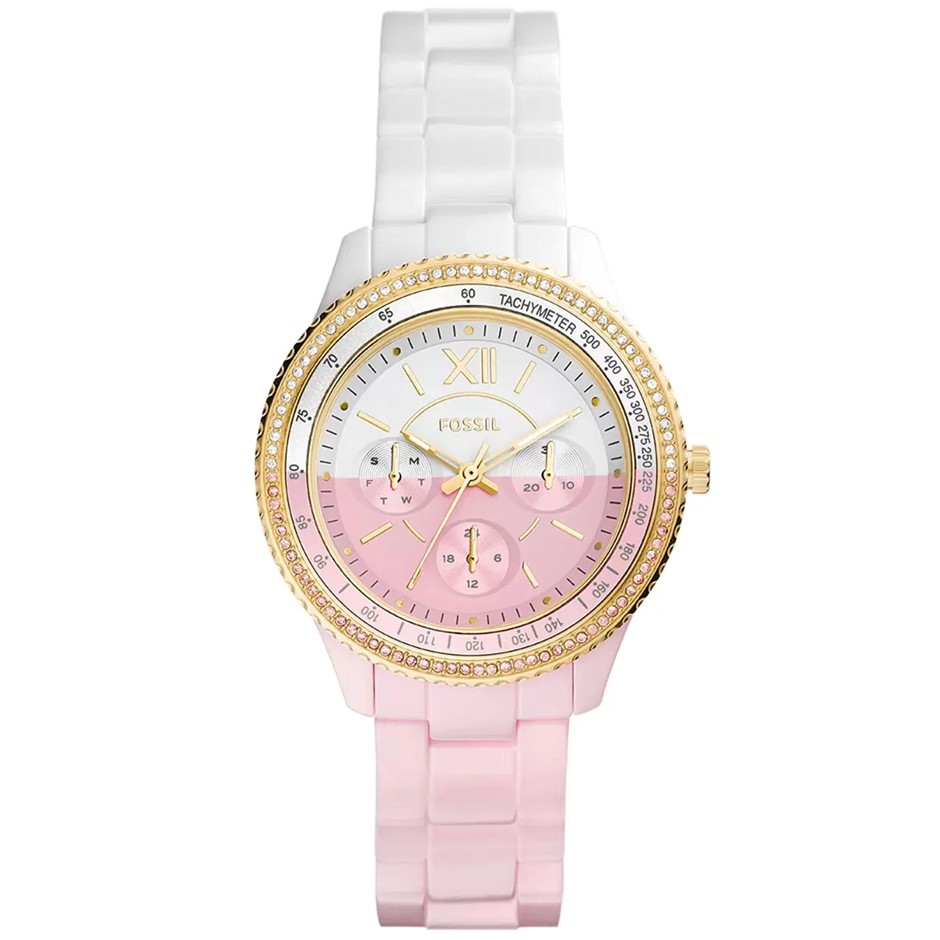 FOSSIL Women's Stella Multifunction Ceramic Watch, Pink & White, CE1119. NB