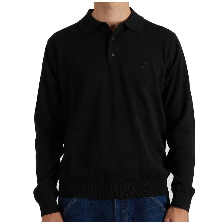 NAUTICA Men's Long Sleeve Knit Polo, Size S, 100% Cotton, Black. NB: may ha