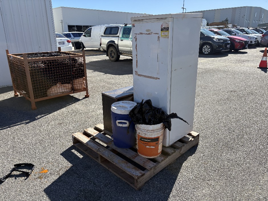 Upright Fridge, Cooler, Bucket Containing Rope and Assorted PVC Fittings