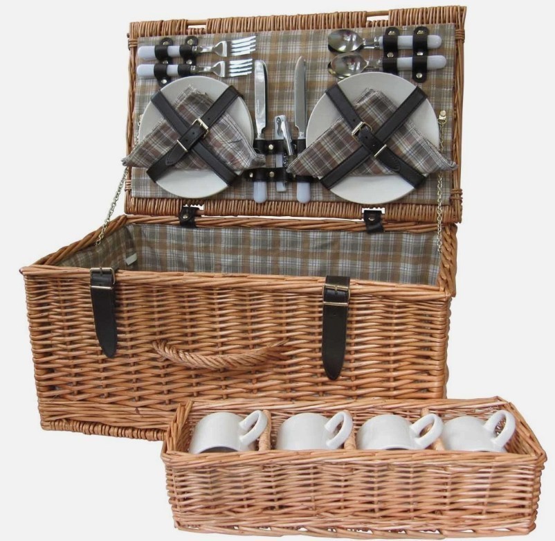 4 Person Picnic Basket Wicker Cane Hamper Set BBQ Camping Beach Travel Cara