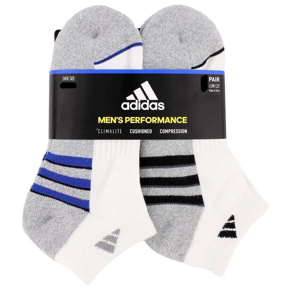 6 Pairs x ADIDAS Men's Low Cut Socks, Shoe Size 6-12, White/Black/Blue. Bu