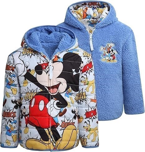 DISNEY Kids' Reversible Puffer/Sherpa Jacket, Size 5, Mickey Mouse (Blue).