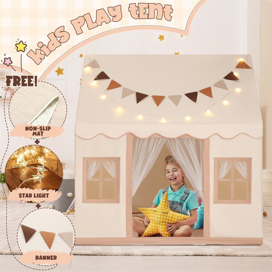 Kids Princess Play Tent with Mat Star Lights Banner Indoor Outdoor White