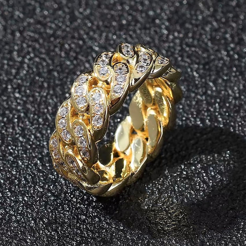 18K Gold-Filled Cuban Style Link Ring with AAA+ Cubic Zirconia - Size 10