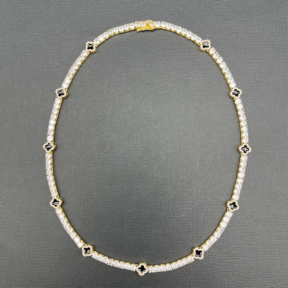 Gold-Filled Tennis Necklace Four-Leaf Clover & AAA+ Cubic Zirconia -55.8cm
