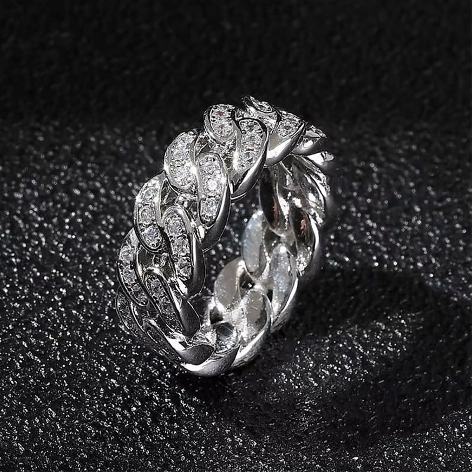 18K White Gold-Filled Cuban Link Ring with AAA+ Cubic Zirconia - Size 10